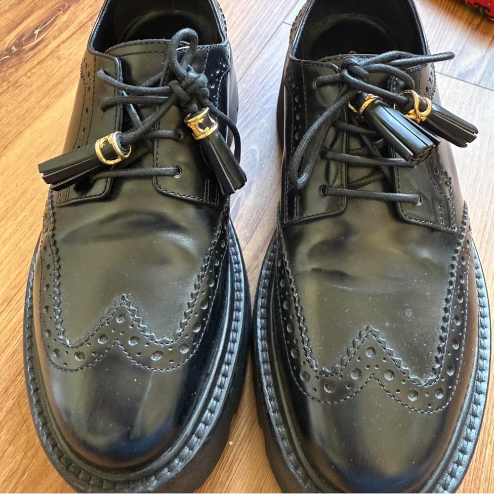Celine Black Leather Brogue Oxfords with Gold Accents